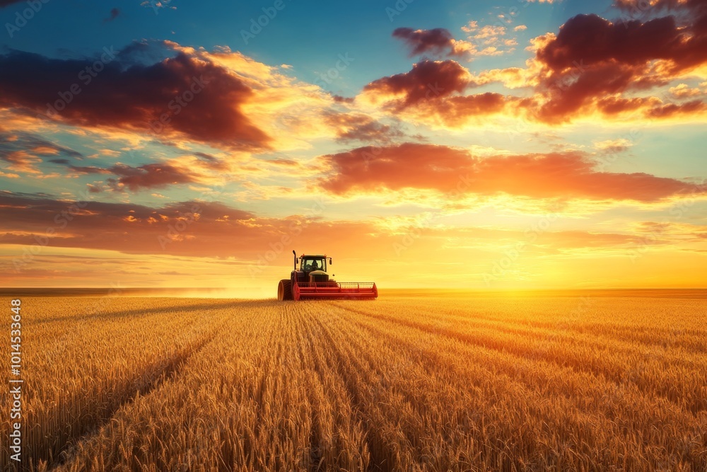 Fototapeta premium Tractor harvesting wheat field at sunset with dramatic sky