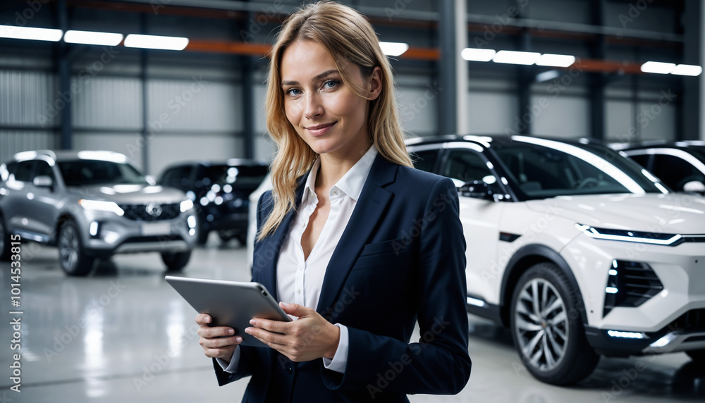 A confident businesswoman in a blue suit holds a tablet in a modern car dealership. She exudes professionalism and success, standing amidst various sleek automobiles.
A confident businesswoman in a blue suit holds a tablet in a modern car dealership. She exudes professionalism and success, standing amidst various sleek automobiles.