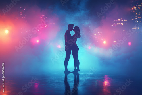 Romantic couple embracing in a colorful urban setting with vibrant lights and fog during a nighttime atmosphere