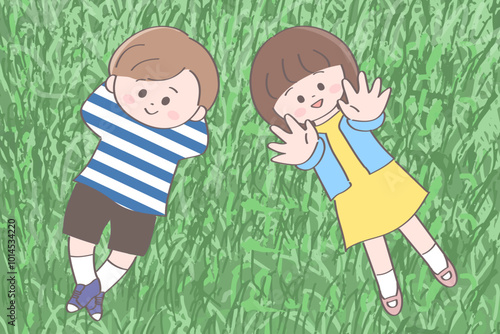野原に寝転んでいる子どもたちのイラスト　