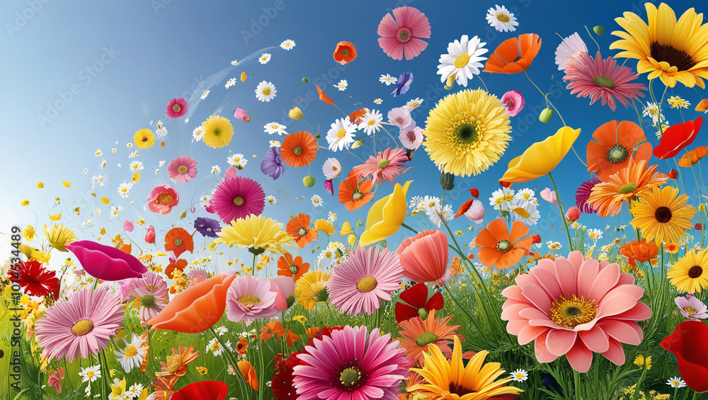 Fototapeta premium a beautiful field of flowers with flying petals,