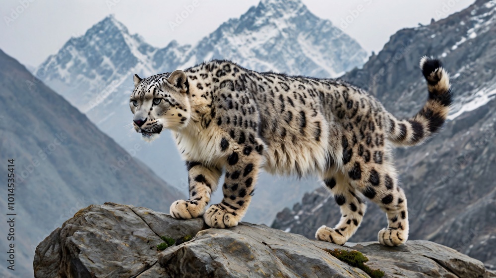 A snow leopard mid-leap between rocky outcrops A snow leopard mid-leap between rocky outcrops