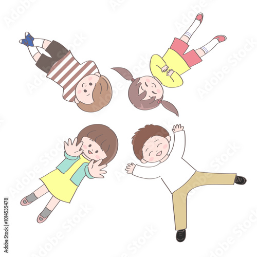 頭を寄せ合って寝転んでいる　4人の子どもたちのイラスト