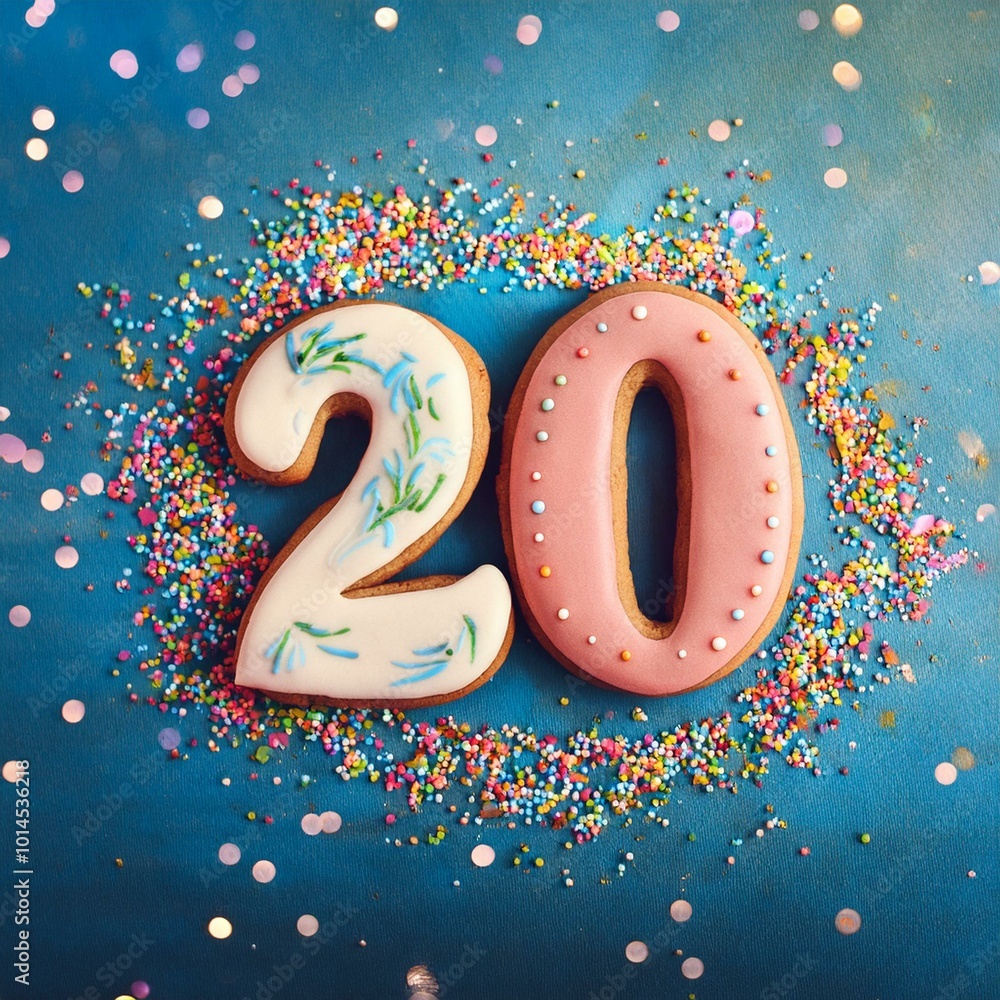 Decorated cookie, number 20, image for birthday or anniversary celebration Decorated cookie, number 20, image for birthday or anniversary celebration