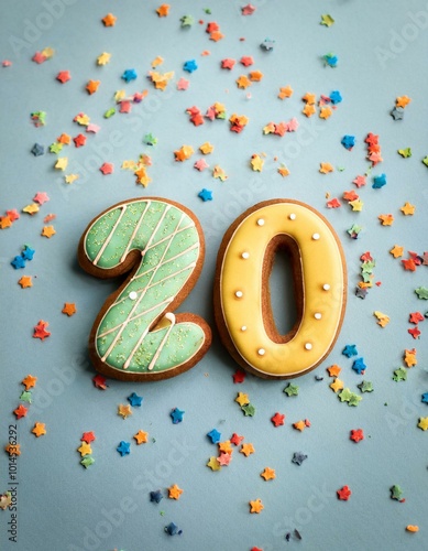 Decorated cookie, number 20, image for birthday or anniversary celebration