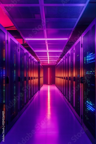 Futuristic server room with glowing pink and blue neon lights.