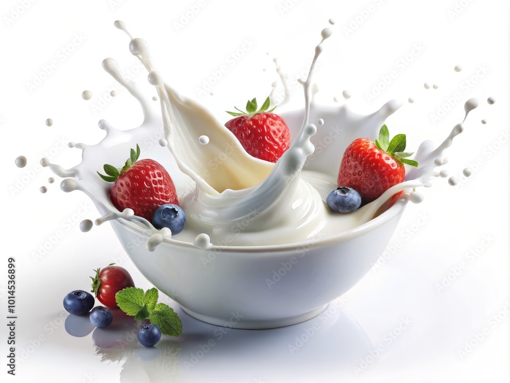Captivating milk splashes and flowing yogurt against a pristine white background offer stunning visuals, ideal for Captivating milk splashes and flowing yogurt against a pristine white background offer stunning visuals, ideal for