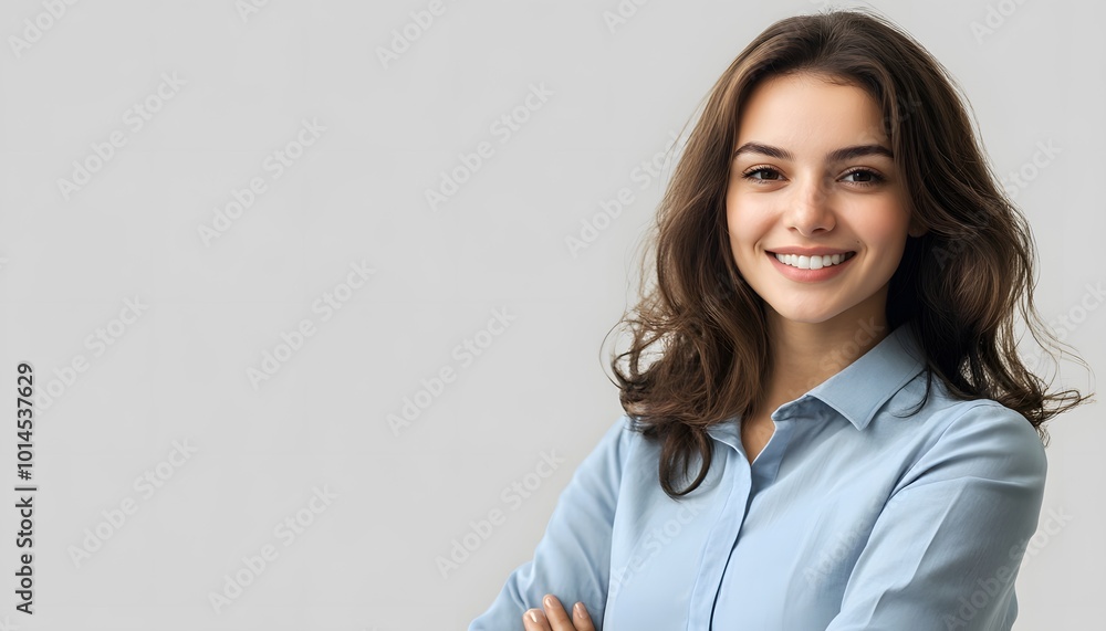 Portrait of a Smiling Young Woman with Brown Hair Wearing a Light Blue Shirt Portrait of a Smiling Young Woman with Brown Hair Wearing a Light Blue Shirt