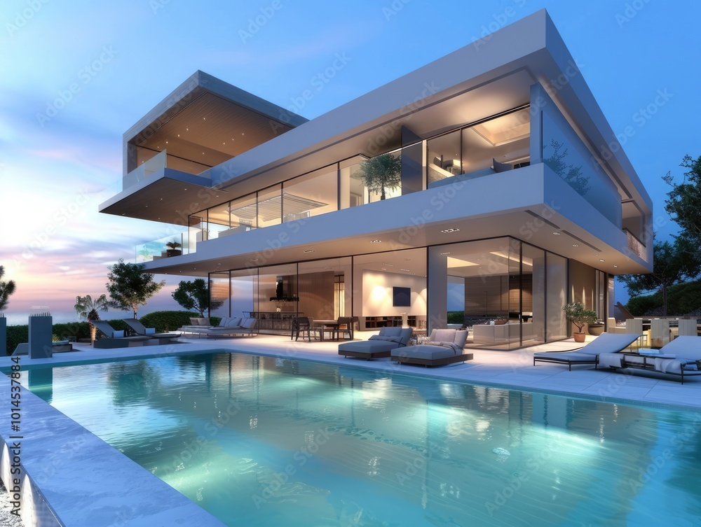 Luxury modern house with pool, evening.