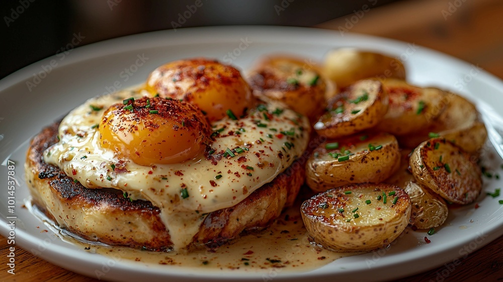 Delicious Breakfast with Fried Eggs, Potatoes, and Sauce Delicious Breakfast with Fried Eggs, Potatoes, and Sauce