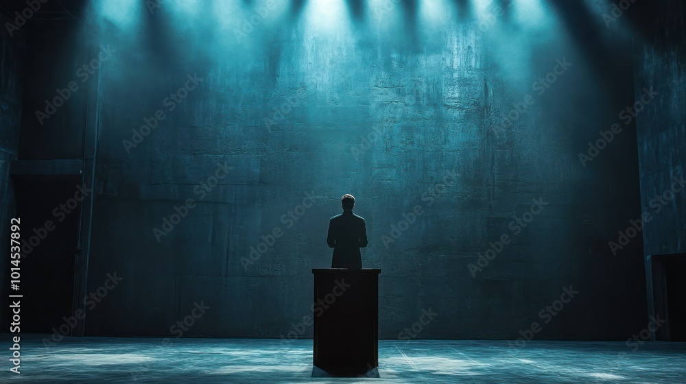 custom made wallpaper toronto digitalA Man Stands Alone on a Podium in a Dark Room Lit by Blue Spotlights