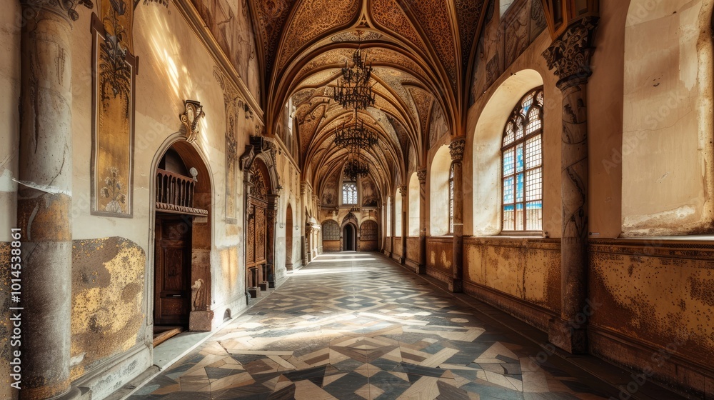 Fototapeta premium Fantasy medieval gallery in the castle.