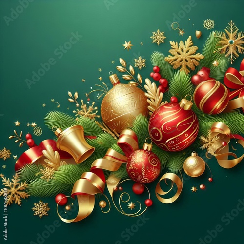 christmas green background with baubles and christmas tree