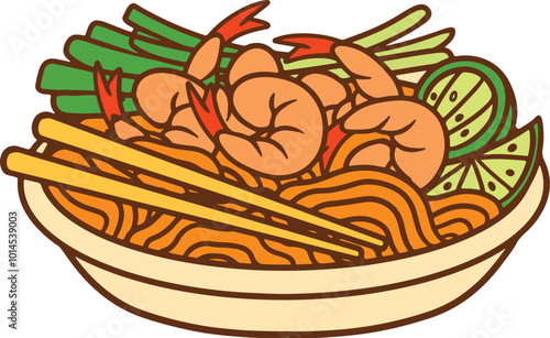 Pad thai noodle illustration with fried shrimp and spring onion in white plate suitable for street food promotion