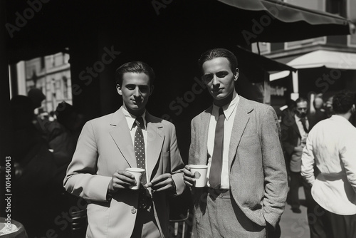 Black and white photograph, 1940s, two young gentlemen standing, holding espresso cups.