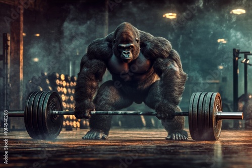 A muscular gorilla lifting a heavy barbell in a gym, representing power, strength, and determination. The image is a humorous take on bodybuilding and intense fitness training photo