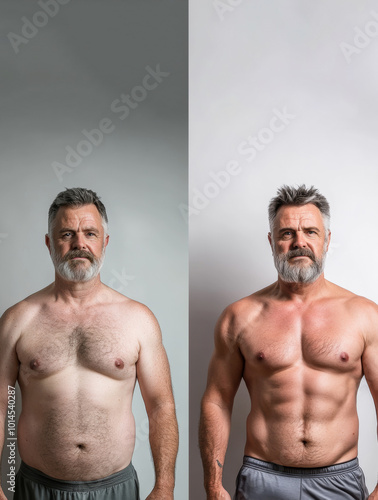 A side-by-side before and after transformation of a mature man, showcasing body transformation and fitness progress. The image represents dedication to fitness, health, and self-improvement