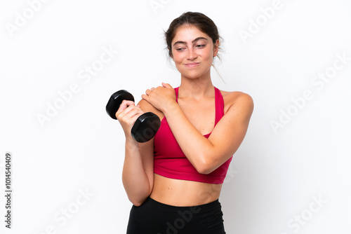 Young sport caucasian woman making weightlifting isolated on white background suffering from pain in shoulder for having made an effort