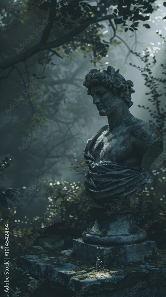 Fototapeta premium Ancient statue in a misty forest, 4K hyperrealistic photo
