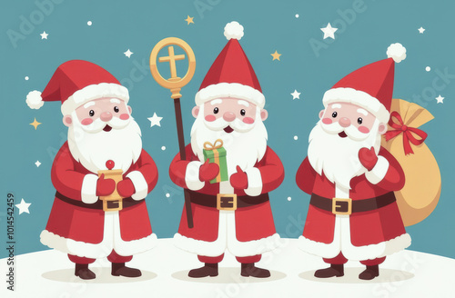 Joyful St Nicholas Day trio in festive attire, Santa figures celebrating with gifts, smiling cheerfully, holiday stars, Sinterklaas inspiration concept