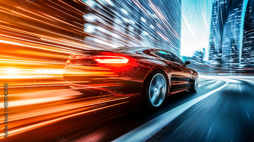 Sport car drive through futuristic light trail abstract background .