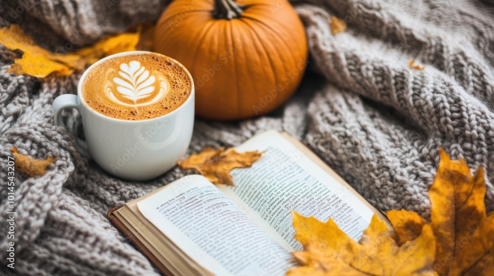 A cozy autumn setup with a pumpkin spice latte, soft blankets, and an open book, perfect for enjoying a cool fall day. A cozy autumn setup with a pumpkin spice latte, soft blankets, and an open book, perfect for enjoying a cool fall day.
