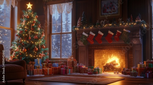 Wallpaper Mural A cozy living room with a fireplace, stockings hanging from the mantle, and gifts under the Christmas tree. Torontodigital.ca