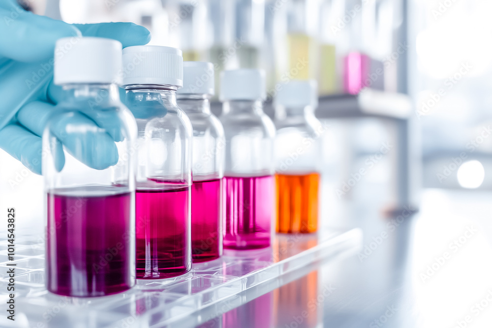 A scientist in gloves carefully holds a vial while several colorful containers filled with various chemical solutions are lined up on a lab bench, reflecting a busy research environment A scientist in gloves carefully holds a vial while several colorful containers filled with various chemical solutions are lined up on a lab bench, reflecting a busy research environment