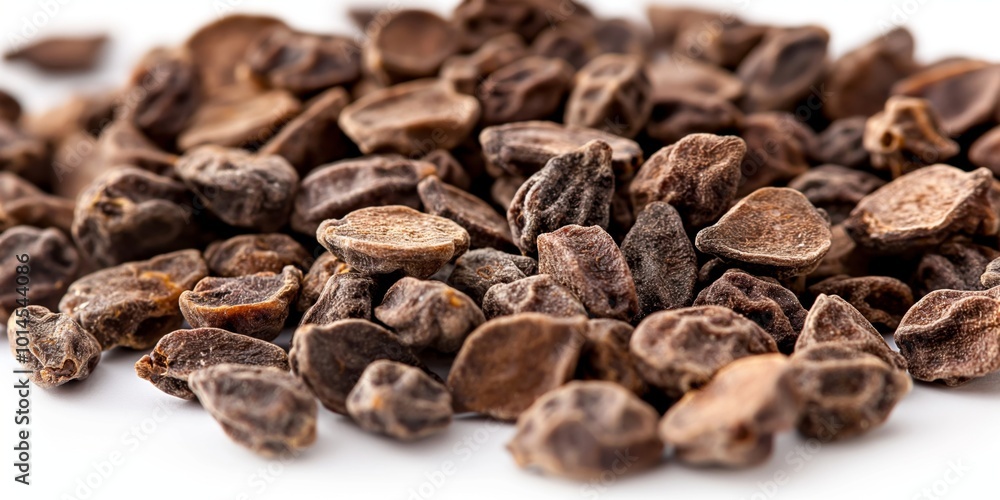 A detailed close-up of castor seeds arranged on a white background, highlighting their rough textures and earthy tones, capturing the natural and organic qualities of the seeds A detailed close-up of castor seeds arranged on a white background, highlighting their rough textures and earthy tones, capturing the natural and organic qualities of the seeds