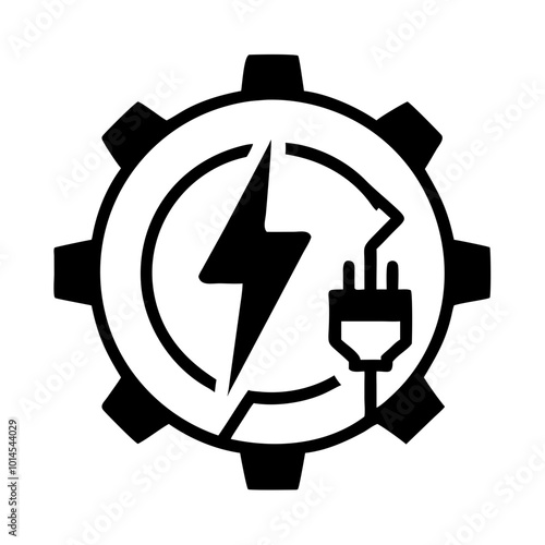 Electric energy gear icon, sustainable design with bolt and plug, black and white, copy space