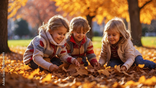 Children Playing in Autumn Leaves