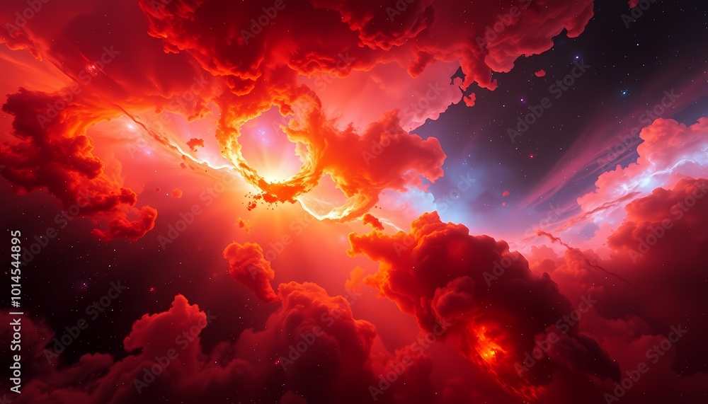 Fiery Red, Orange, and Blue Cosmic Nebula with Dreamlike Swirling Gas Clouds ,Starry Sky Fiery Red, Orange, and Blue Cosmic Nebula with Dreamlike Swirling Gas Clouds ,Starry Sky