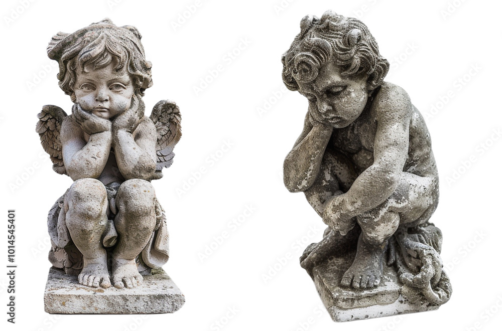 Two Weathered Stone Angel Statues Sitting with Hands on Chin for Garden Decor Two Weathered Stone Angel Statues Sitting with Hands on Chin for Garden Decor