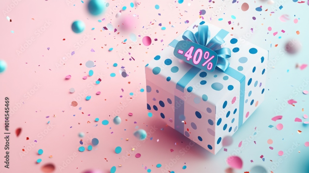 A gift box with a blue ribbon and a tag that reads 40 percent is shown with colorful confetti falling around it. The background is a gradient of pink and blue. A gift box with a blue ribbon and a tag that reads 40 percent is shown with colorful confetti falling around it. The background is a gradient of pink and blue.