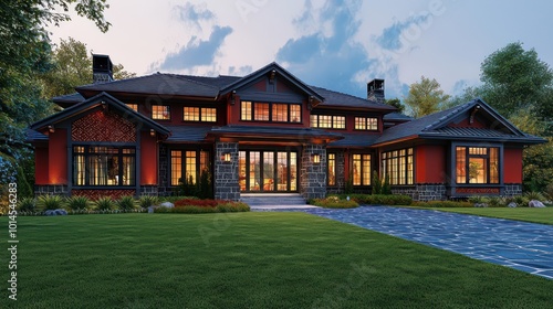 Architectural rendering of a home with rust red accents, traditional motifs, dark limestone and bamboo details, large windows, ash gray trim on the roof, a bluestone driveway, and green grass