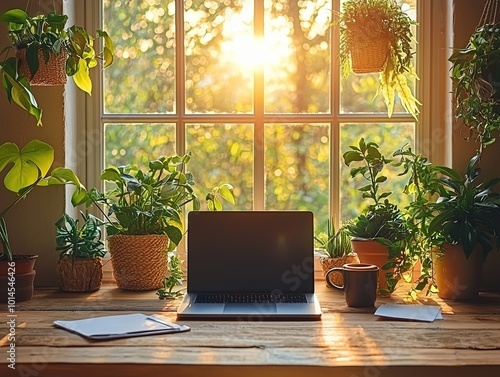 A laptop computer sits on a wooden desk in front of a window with a view of trees and sunlight streaming in. There are plants and a mug on the desk.