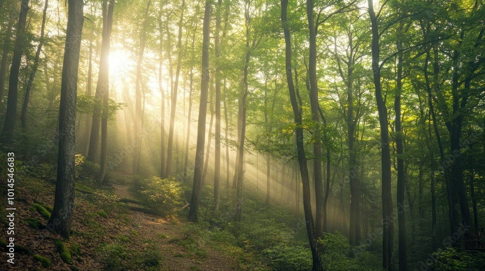 Sunbeams Illuminating a Foggy Forest Path Sunbeams Illuminating a Foggy Forest Path