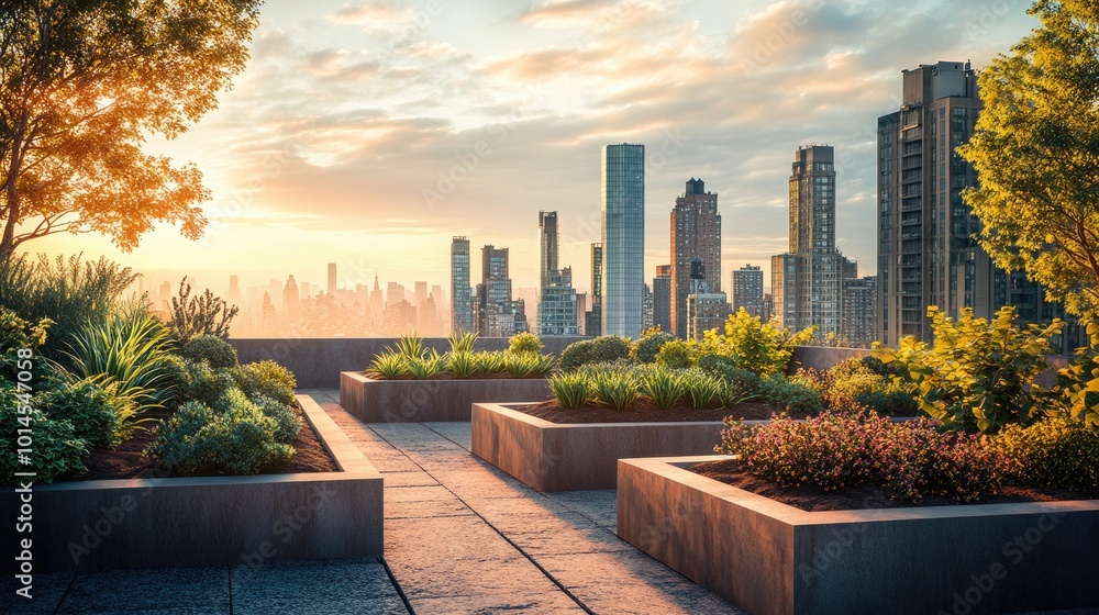 Fototapeta premium A panoramic Mediterranean rooftop garden with skyline views
