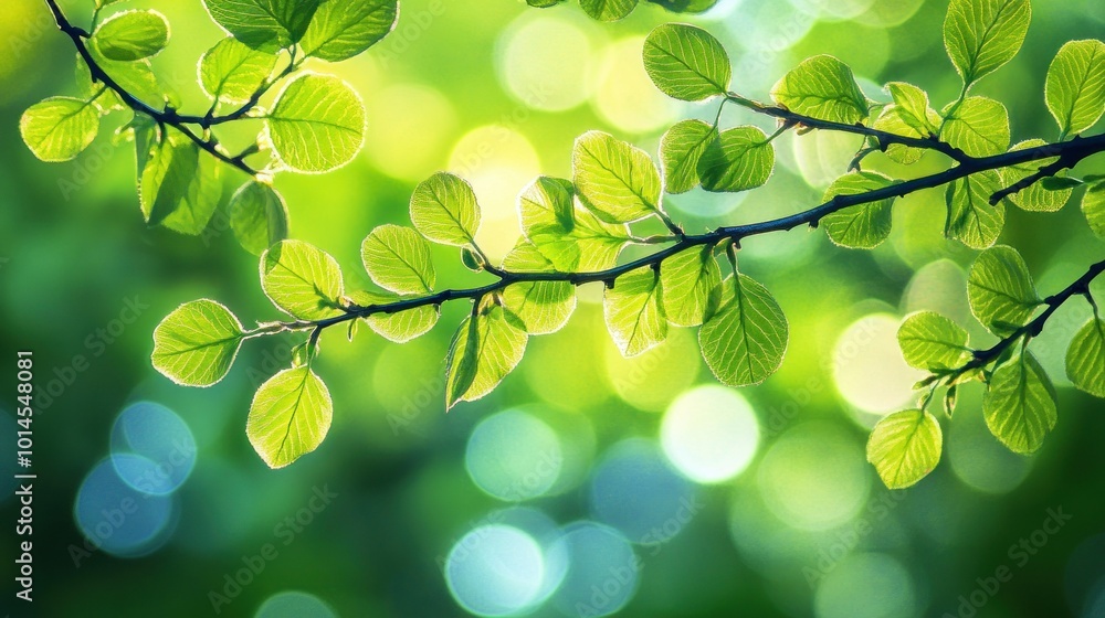 Green Leaves on a Branch with Bokeh Background Green Leaves on a Branch with Bokeh Background