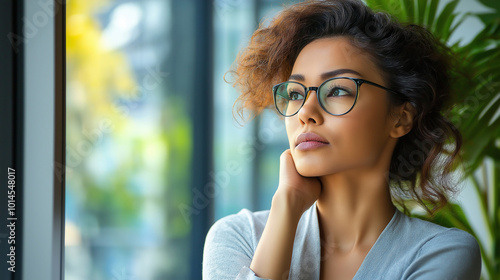 A woman boss leaning against a window, lost in thought, with stress written on her face