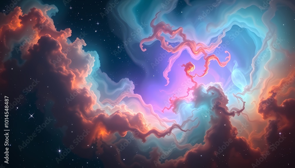 Obraz premium Teal, Violet, and Orange Nebula with Ethereal Gas Clouds and Star Light ,Peaceful Cosmos