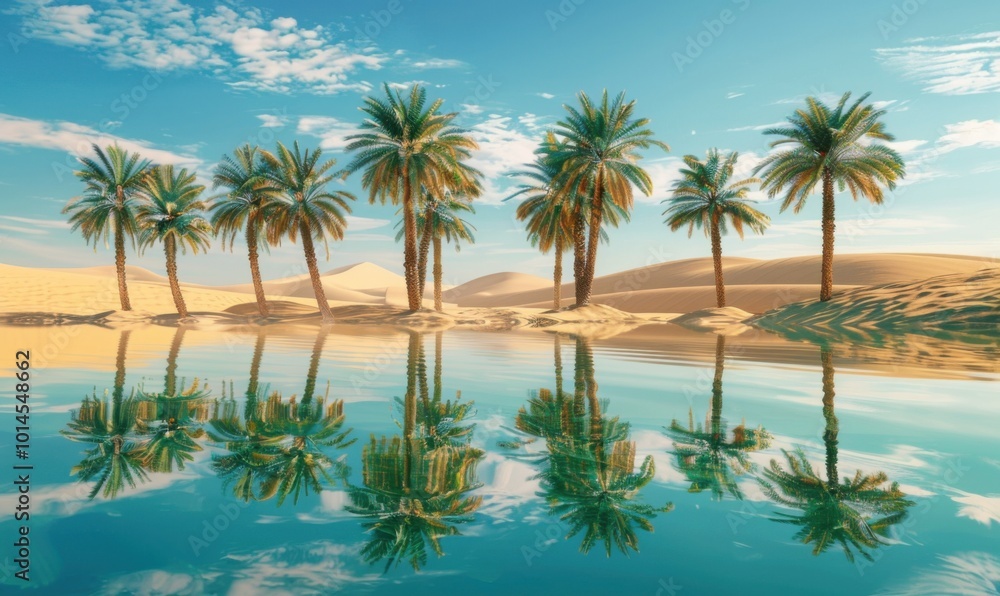 Fototapeta premium Oasis mirage in the desert with palm trees and crystal-clear water reflecting the sky, 4K hyperrealistic photo