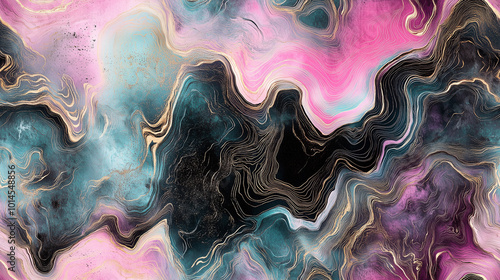 Marble pattern with pink, teal, and black swirls and gold accents, seamless and repeating texture