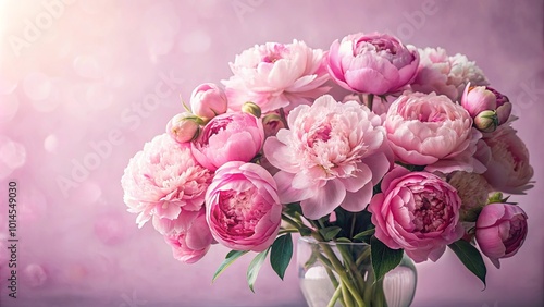 A Delicate Bouquet of Pink Peonies in a Glass Vase on a Soft Pink Background