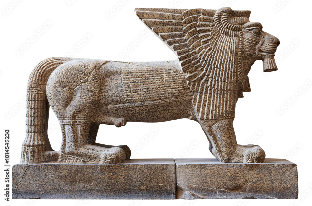 Full-Body View of Mesopotamian Lamassu Statue with Winged Lion Design and Ancient Carvings Full-Body View of Mesopotamian Lamassu Statue with Winged Lion Design and Ancient Carvings