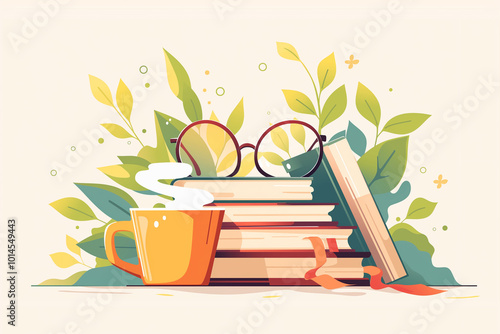 Piles of books, coffee, eyeglasses, learning atmosphere and elements of beginning reading labels, stickers