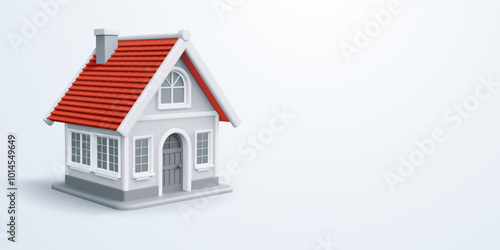 Banner template on real estate theme with cute house with red tile roof on the light grey background. Concept of buy, sell, rent or protection, property insurance. Vector 3d realistic illustration