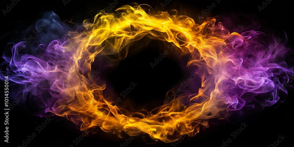 Fototapeta premium A swirling ring of vibrant purple and yellow smoke creating a captivating abstract design on a black background.