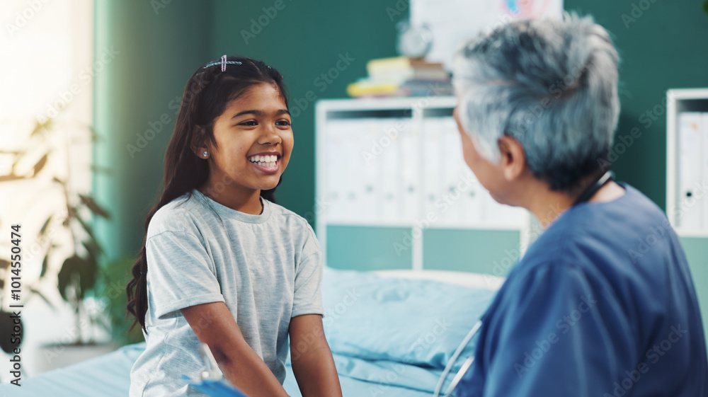 Obraz premium Doctor, child and health check with communication, care and medical assessment for sore throat. Hospital, pediatrician and young girl at clinic, wellness and consultation of patient with help