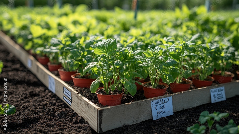 Rows of young plants in red pots sit on a wooden tray in a greenhouse. Rows of young plants in red pots sit on a wooden tray in a greenhouse.